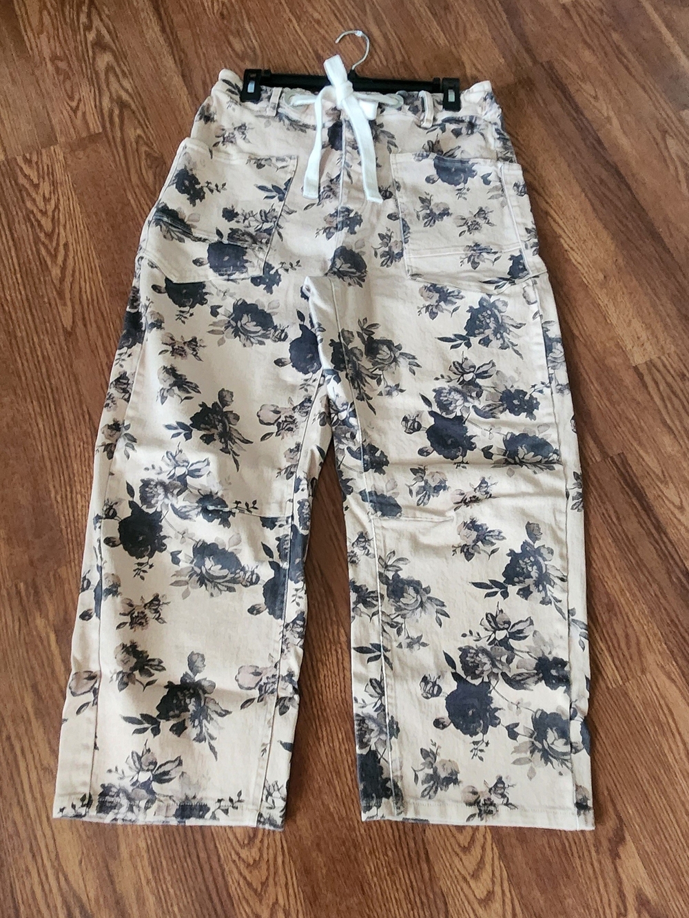 JODIFL Beige Floral Straight Leg Jeans with Black Print